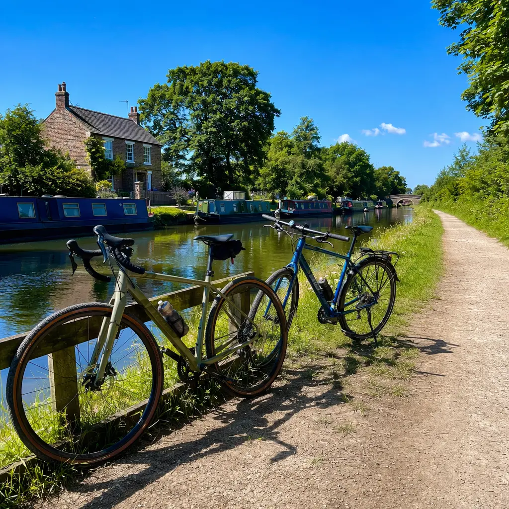 A gravel bike and a hybrid bike parked beside a sunny canal towpath.