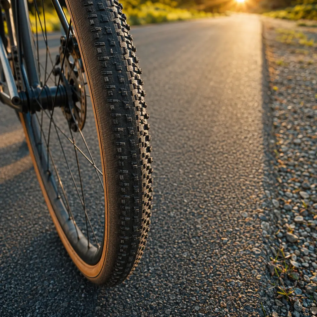 Close-up of a gravel bike tyre where smooth tarmac meets loose gravel.