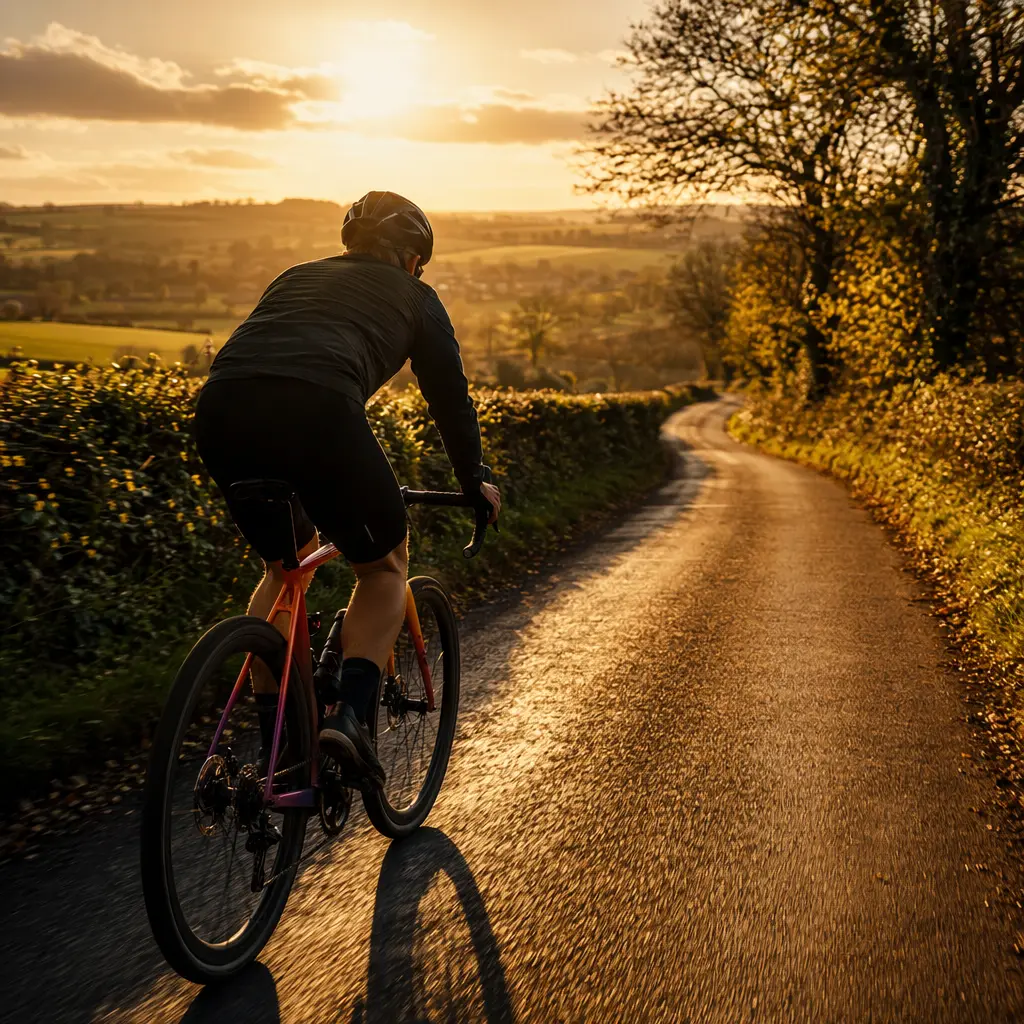 A cyclist riding a gravel bike on a quiet UK country lane in warm evening light.