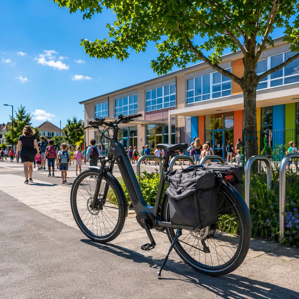 An e-bike with panniers parked near a school on a sunny day