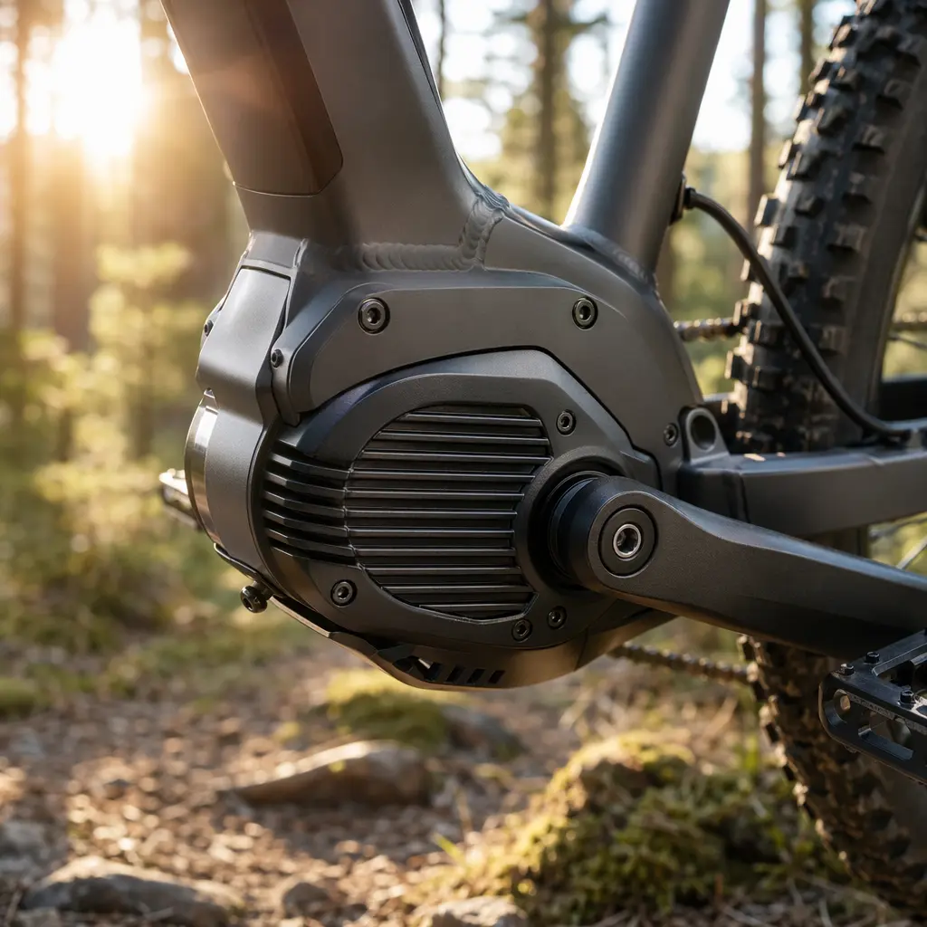 Close-up of an e-bike motor and crank in warm sunlight