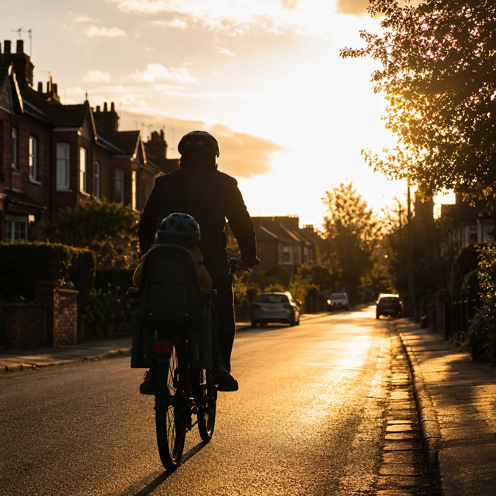 An adult riding an e-bike with a child seat during a sunny school run on a residential street