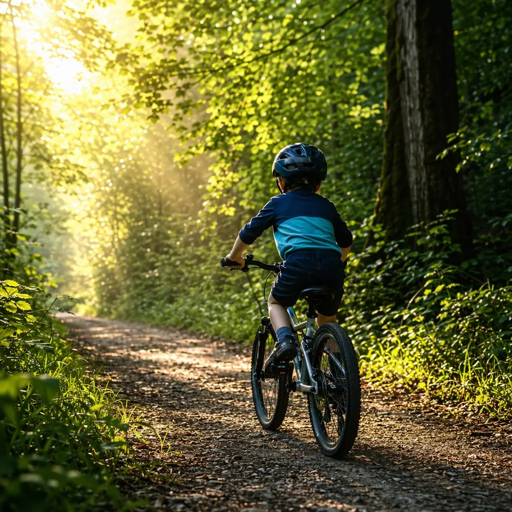 Geared kids bike being ridden on a woodland gravel path in warm morning light