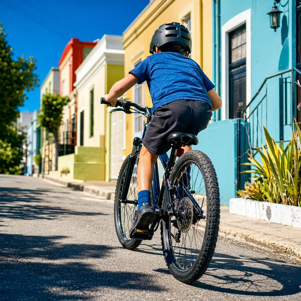 Child riding a geared bike along a sunny residential street