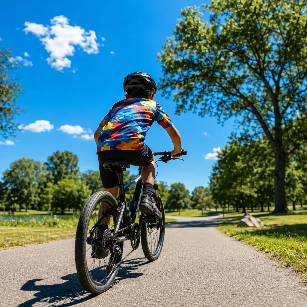 Child riding a small geared bike on a sunny park path, seen from behind