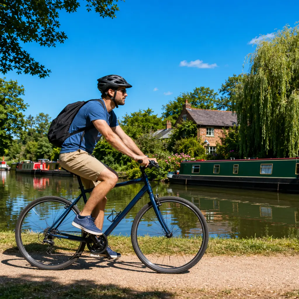 Side view of a flat‑bar hybrid bike on a sunny canal towpath