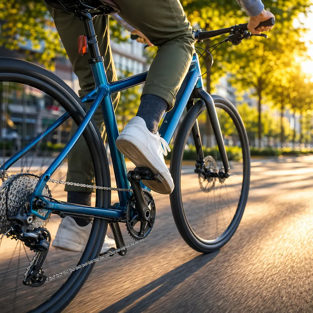Detail view of a hybrid bike drivetrain in warm morning light