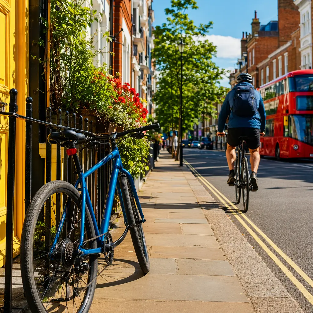 A women‑focused flat‑bar hybrid bike being ridden on a bright UK city street