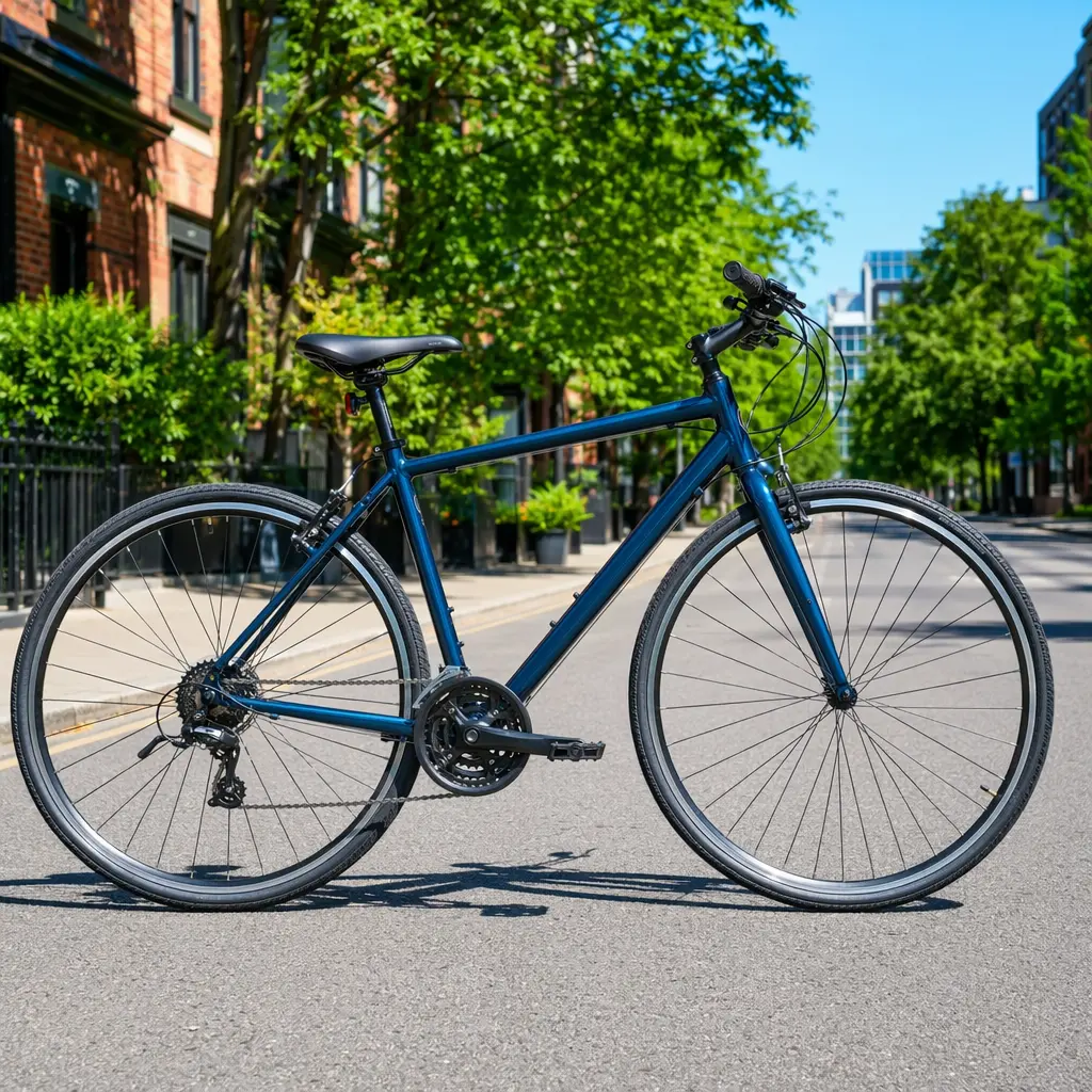 Side view of a flat‑bar hybrid bike on a bright, sunlit city street.
