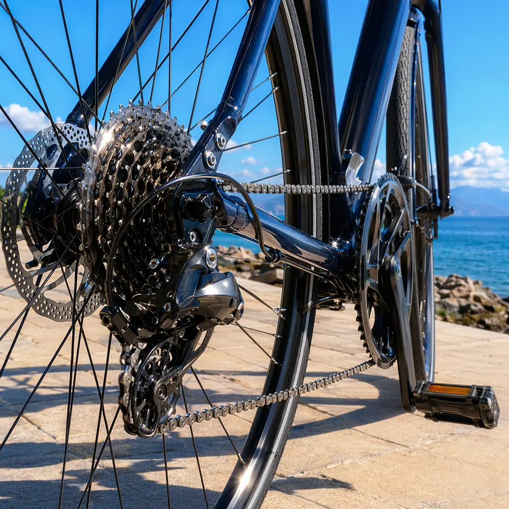 Detail shot of a hybrid bike’s drivetrain and rear wheel in bright coastal sunlight.