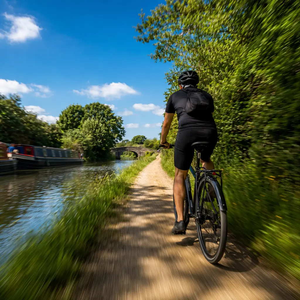A flat‑bar hybrid bike cruising along a sunny canal towpath under a bright blue sky.