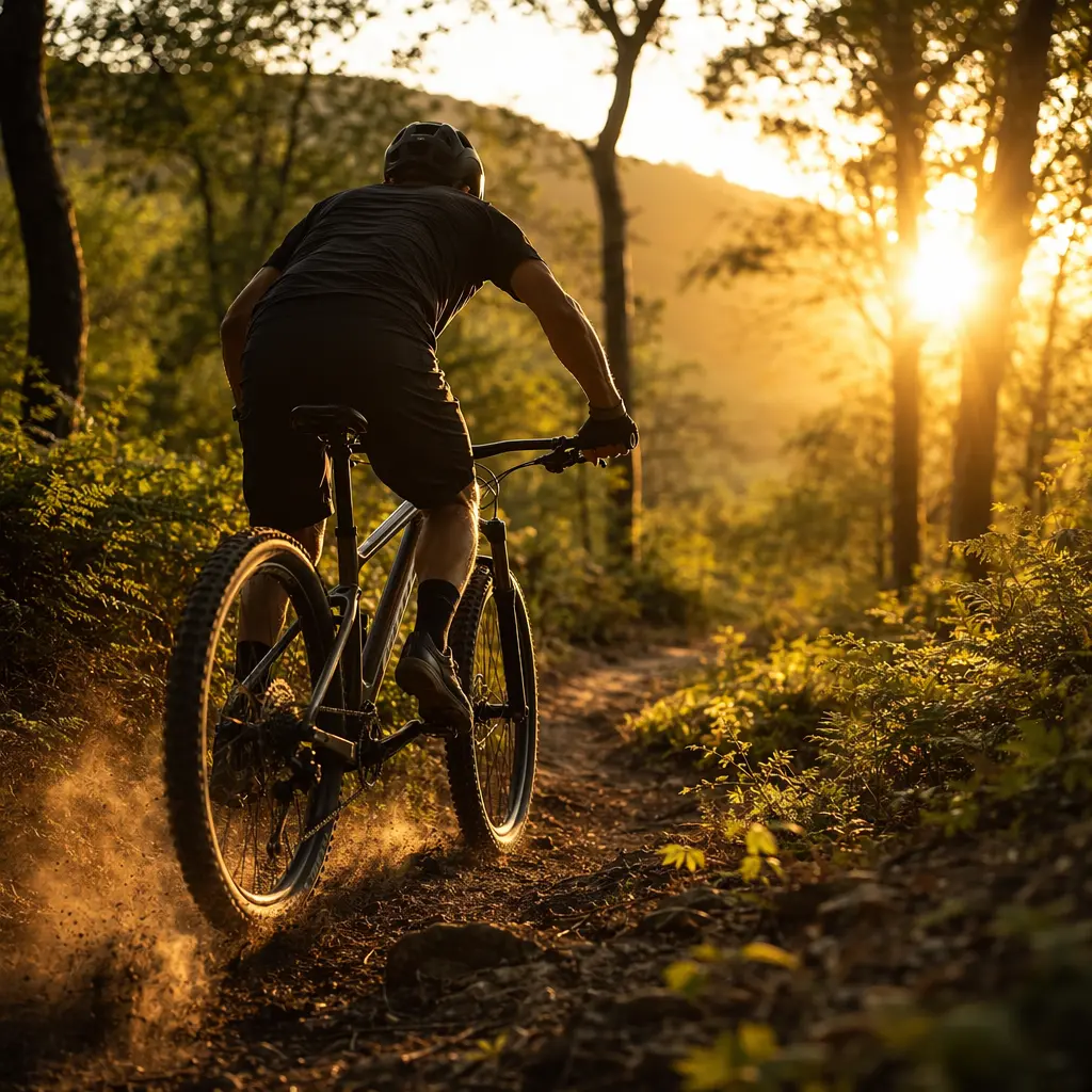 A 29er hardtail mountain bike ridden through woodland in warm golden-hour light