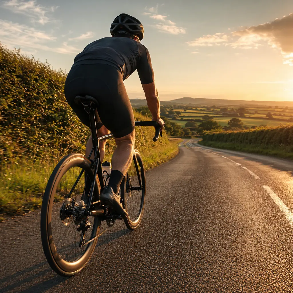 A sleek carbon road bike ridden along a glowing country lane at sunset