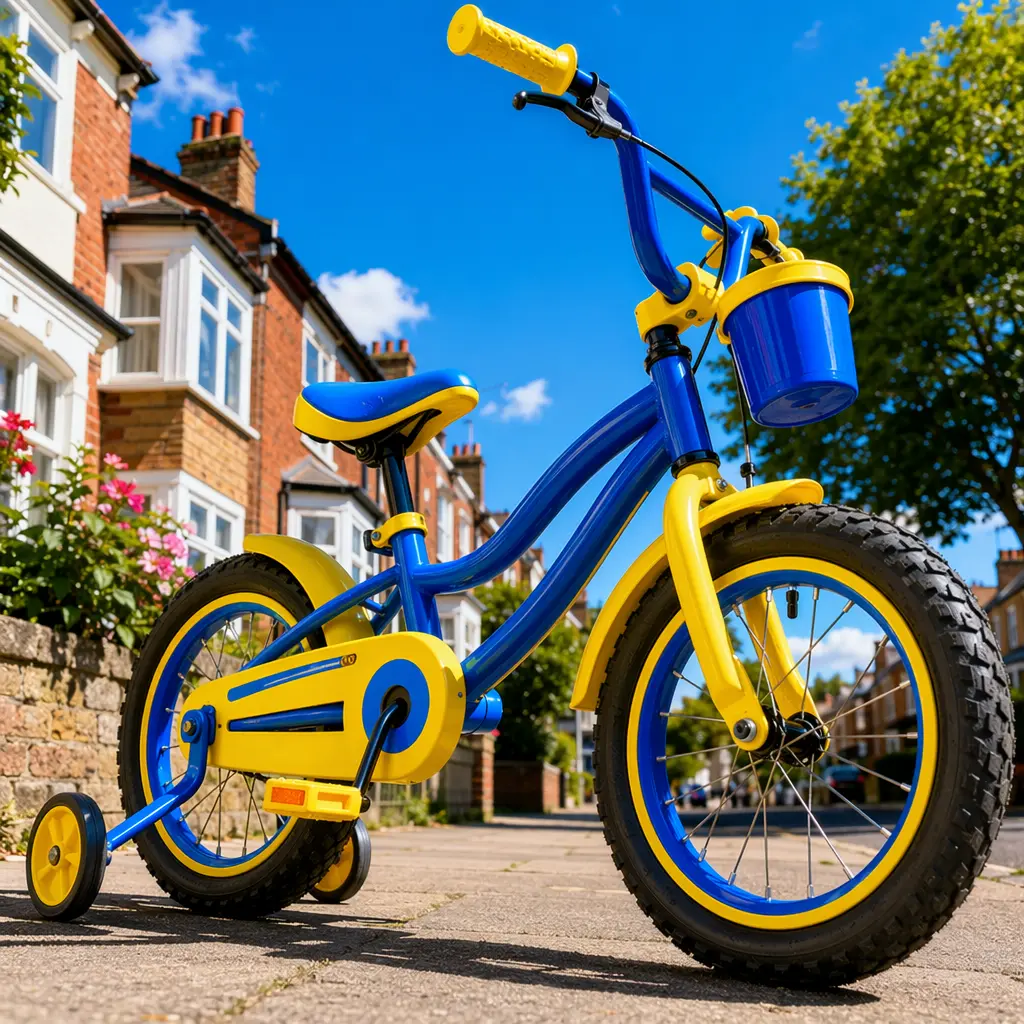 A brightly coloured kids’ bike on a sunny residential street