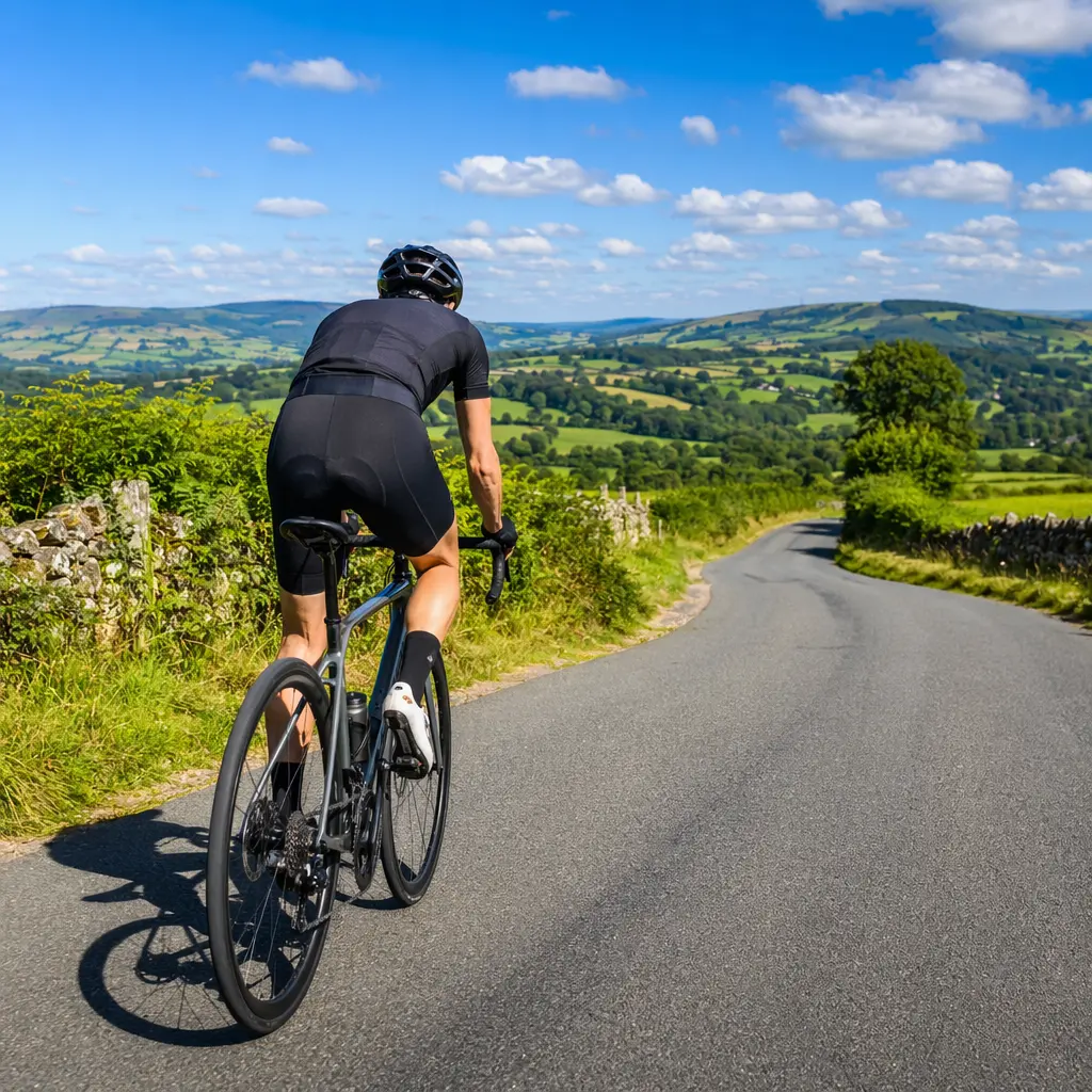 Road cyclist riding an endurance bike on a sunny country lane under a bright blue sky