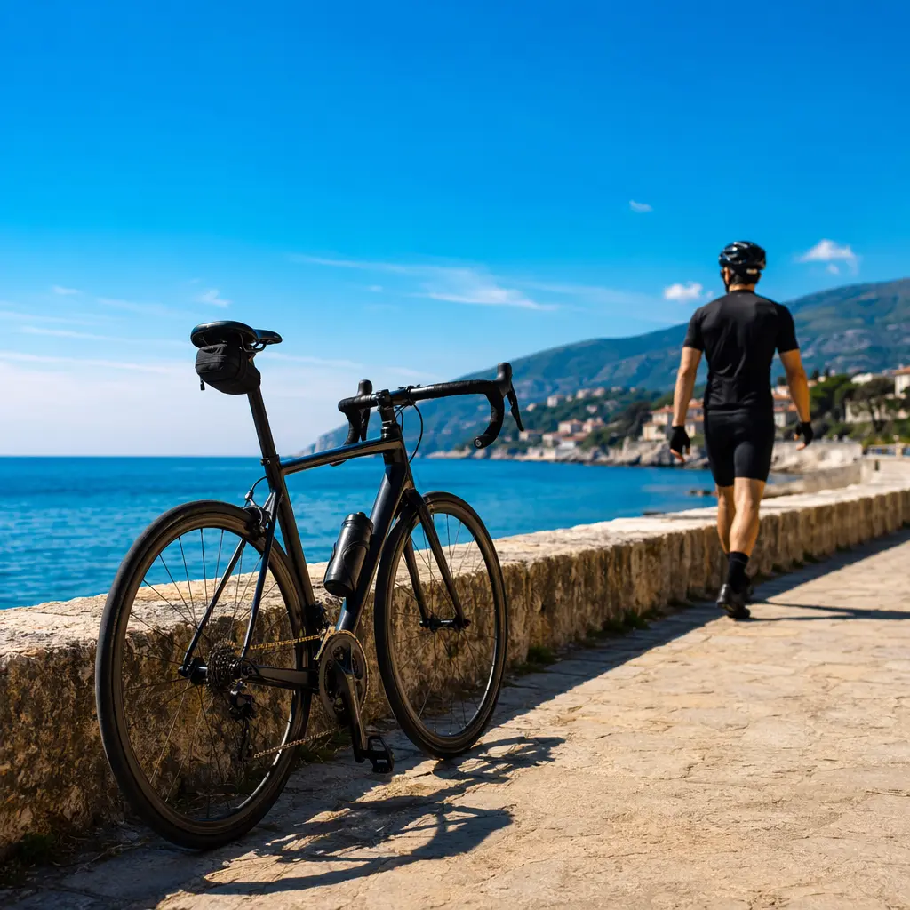 Endurance road bike beside a sunny coastal promenade with bright blue sea