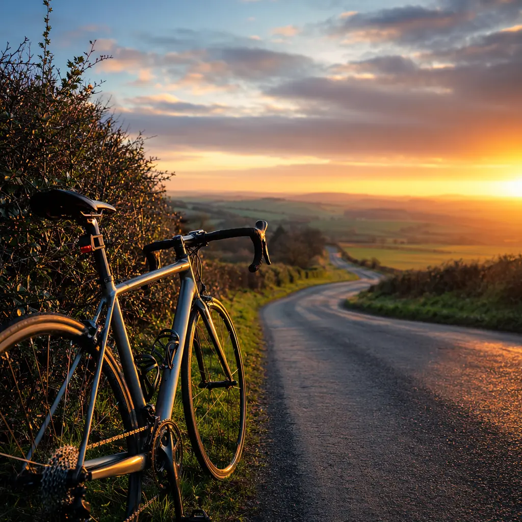 Affordable endurance road bike beside a sunny UK country lane at golden hour