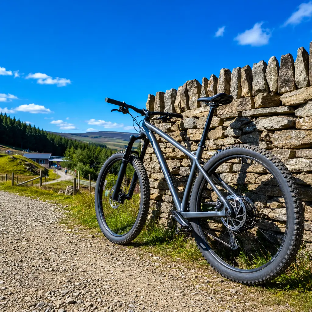 A modern hardtail mountain bike parked beside a stone wall under a bright blue sky.