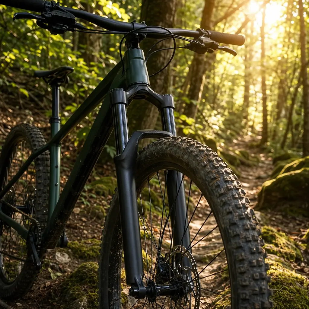 Close-up of a hardtail mountain bike’s front wheel and suspension fork in warm woodland light.