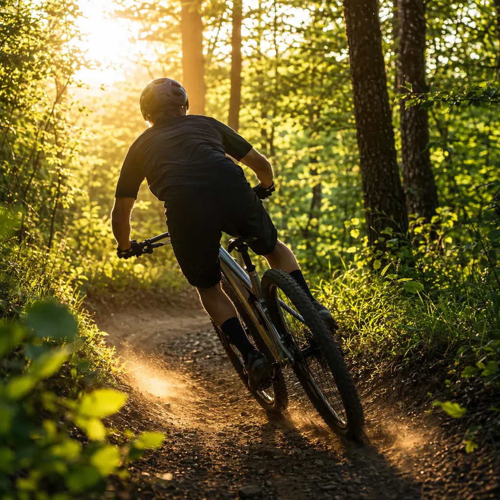 A hardtail mountain bike ridden along a sunlit woodland trail, backlit with warm light and no visible branding.