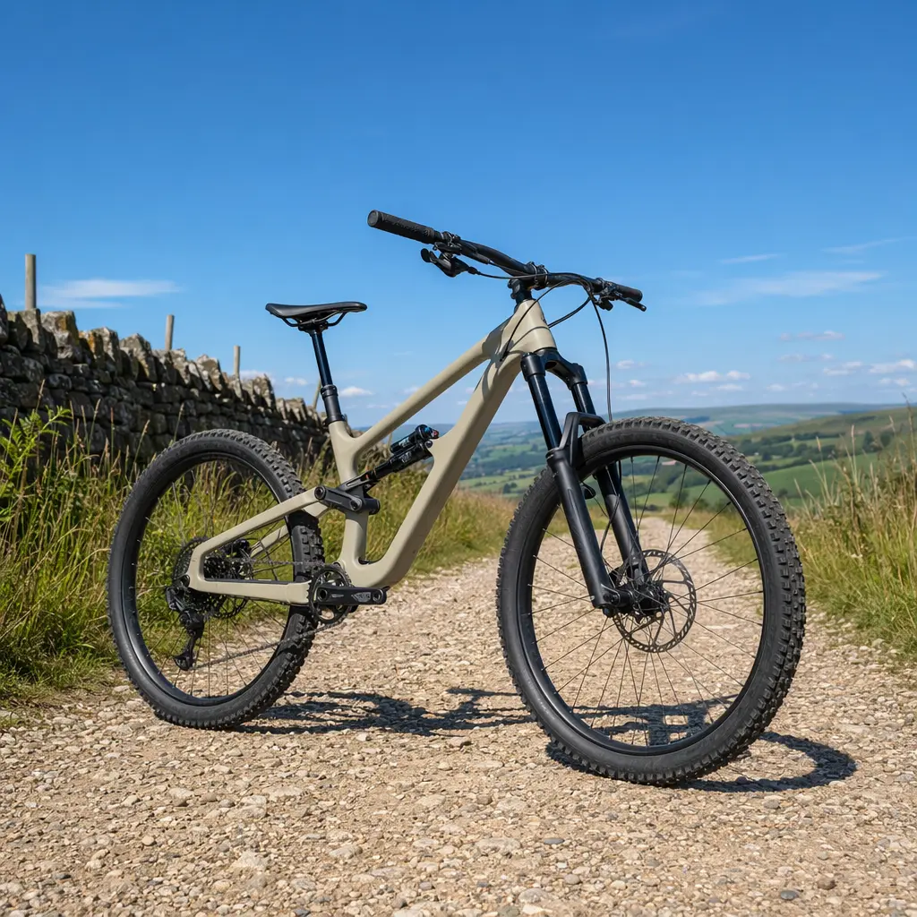 Modern short‑travel full‑suspension mountain bike in bright summer light
