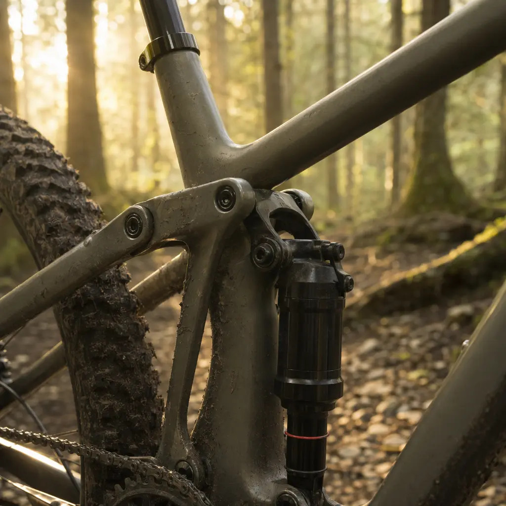 Detail of rear suspension on a short‑travel mountain bike