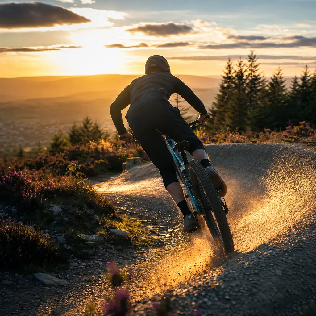 Short‑travel full‑suspension mountain bike on a sunlit UK trail centre