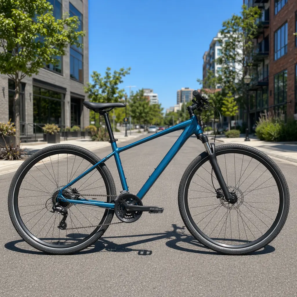 Side view of a suspension-equipped hybrid bike on a bright urban street