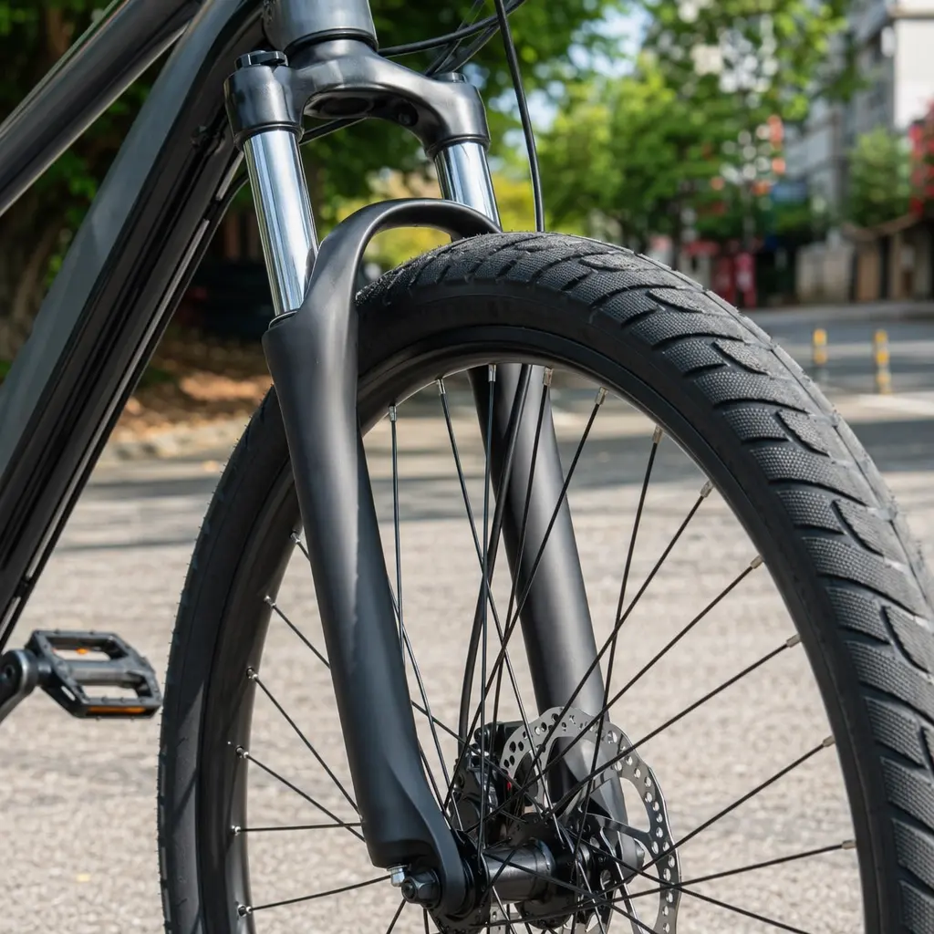 Detail of a hybrid bike’s suspension fork, tyre and disc brake in bright daylight