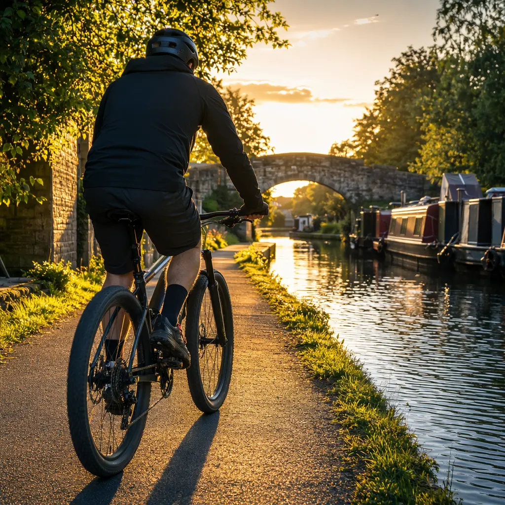 A comfort-focused hybrid bike with wide tyres being ridden along a canal towpath in warm golden light