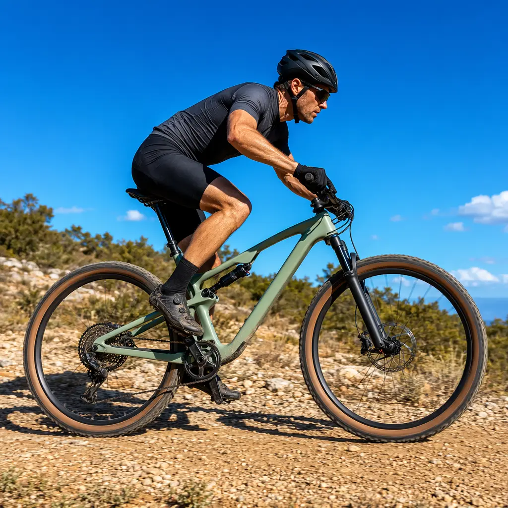 Side view of a lightweight XC full-suspension mountain bike being pedalled hard on a dry gravel track under a bright blue sky.