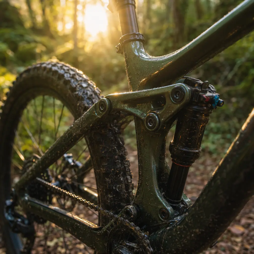Close-up of the rear suspension area of a modern XC mountain bike, lit by warm morning sunlight in woodland.