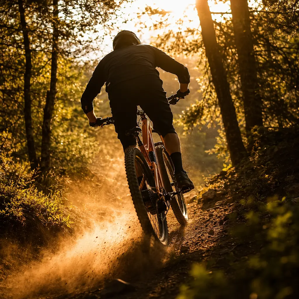 A rider silhouetted from behind on a lightweight full-suspension XC mountain bike, racing along a sunlit woodland trail at golden hour.