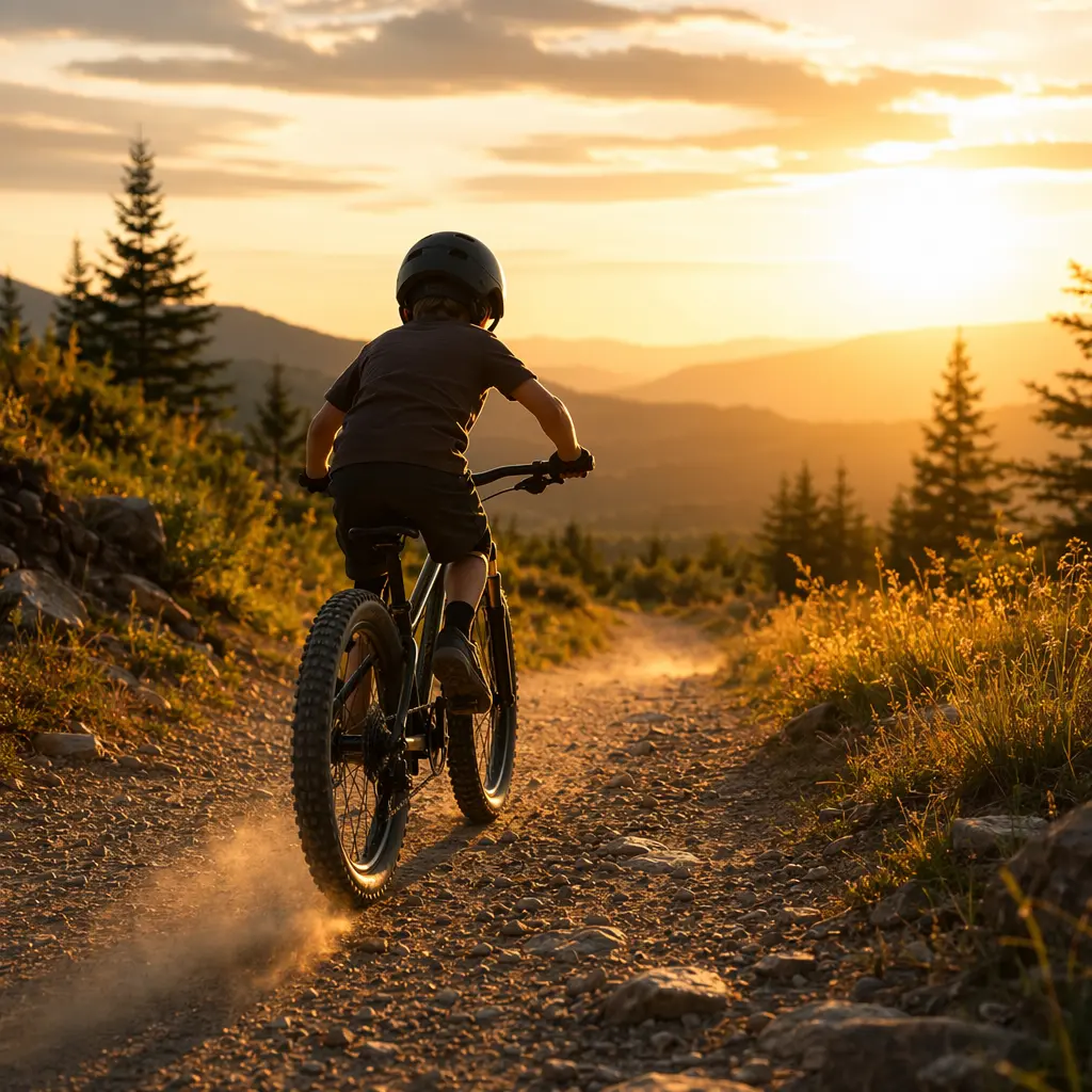 A chunky-tyred kids bike at golden hour, ridden from behind on a bright gravel path