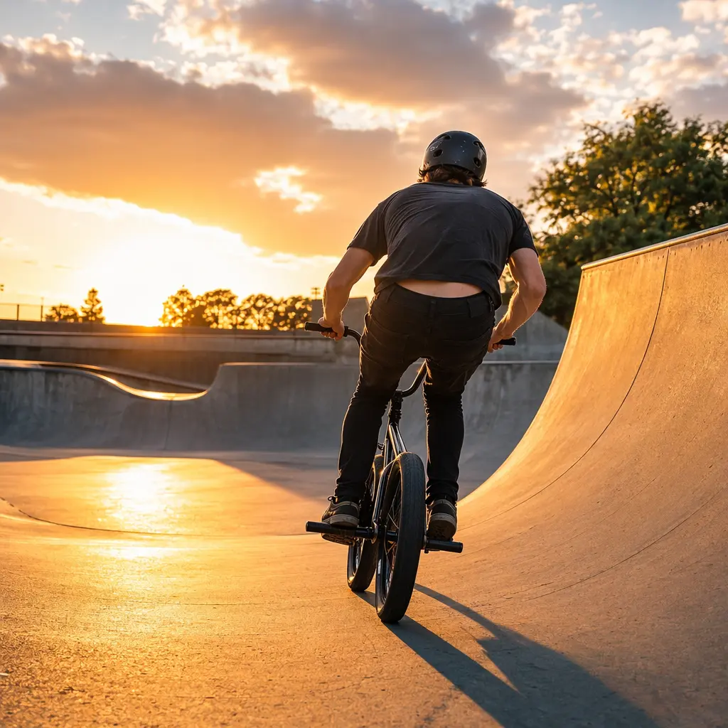A BMX bike rolling into a concrete skatepark bowl in warm golden-hour light.
