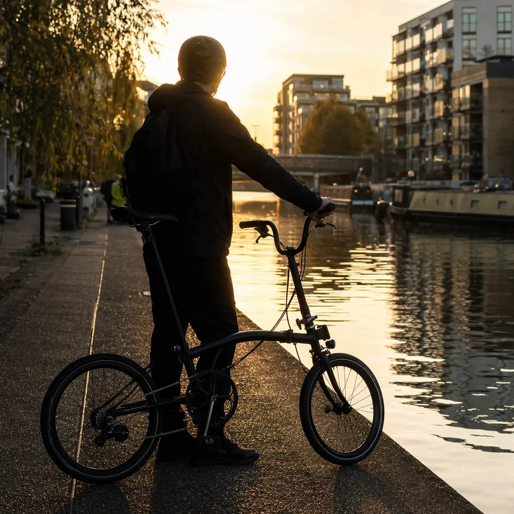 A big-wheeled folding bike at golden hour beside a canal, highlighting its full-size stance.