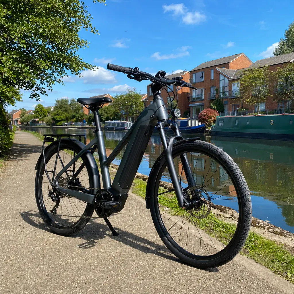 An electric commuter bike by a sunny canal towpath under a bright blue sky.
