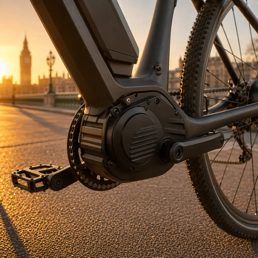 Close-up of an electric bike mid-drive motor and drivetrain in warm golden-hour light.