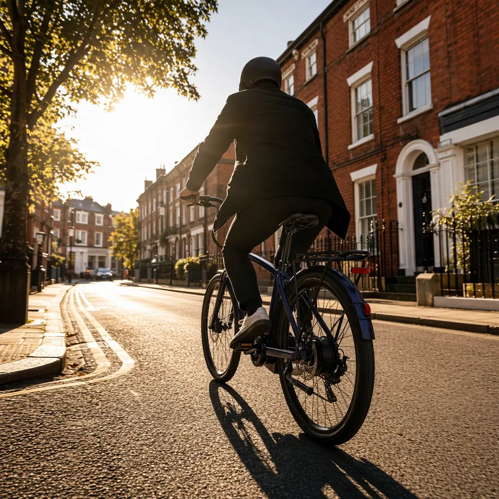 A sleek electric commuter bike ridden through a bright UK city street, backlit with strong shadows.