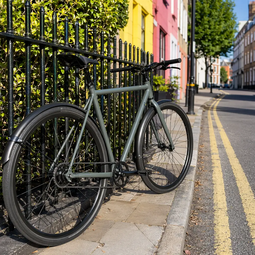 A clean, modern city bike set up for commuting on a bright UK street