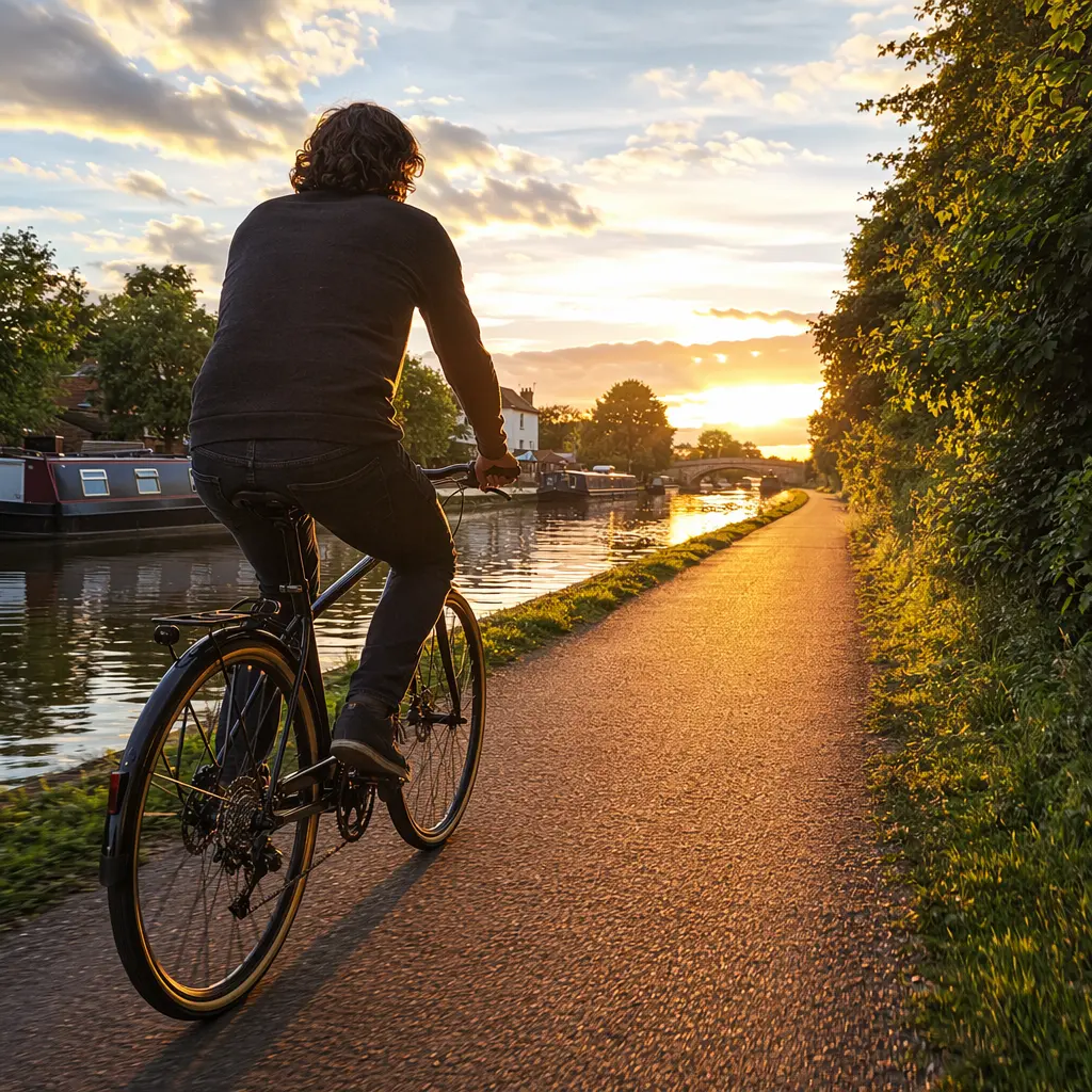 Comfort hybrid bike with upright riding position on a sunny canal path