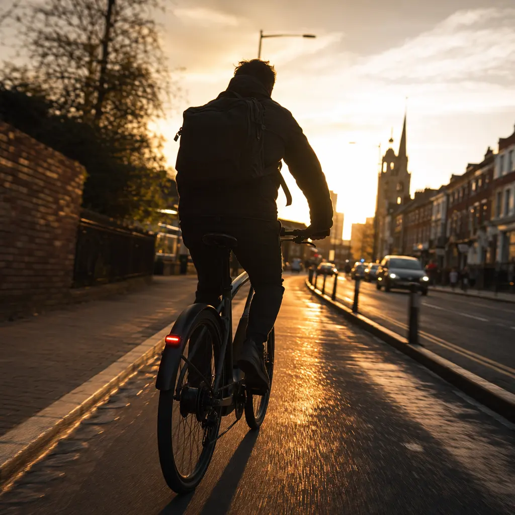 Silhouette of an electric bike rider at golden hour on a city cycle lane