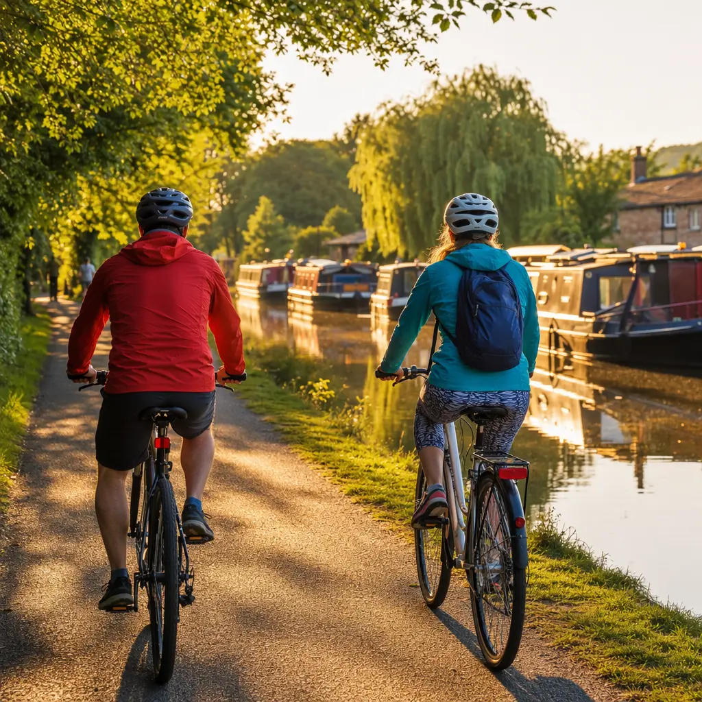 Two hybrid bikes being ridden along a bright canal towpath at sunset