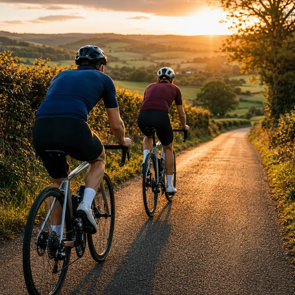Two cyclists riding road bikes up a sunny country lane during golden hour