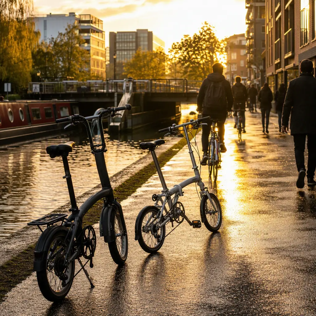 Two folding bikes beside a canal towpath at sunset during a city commute