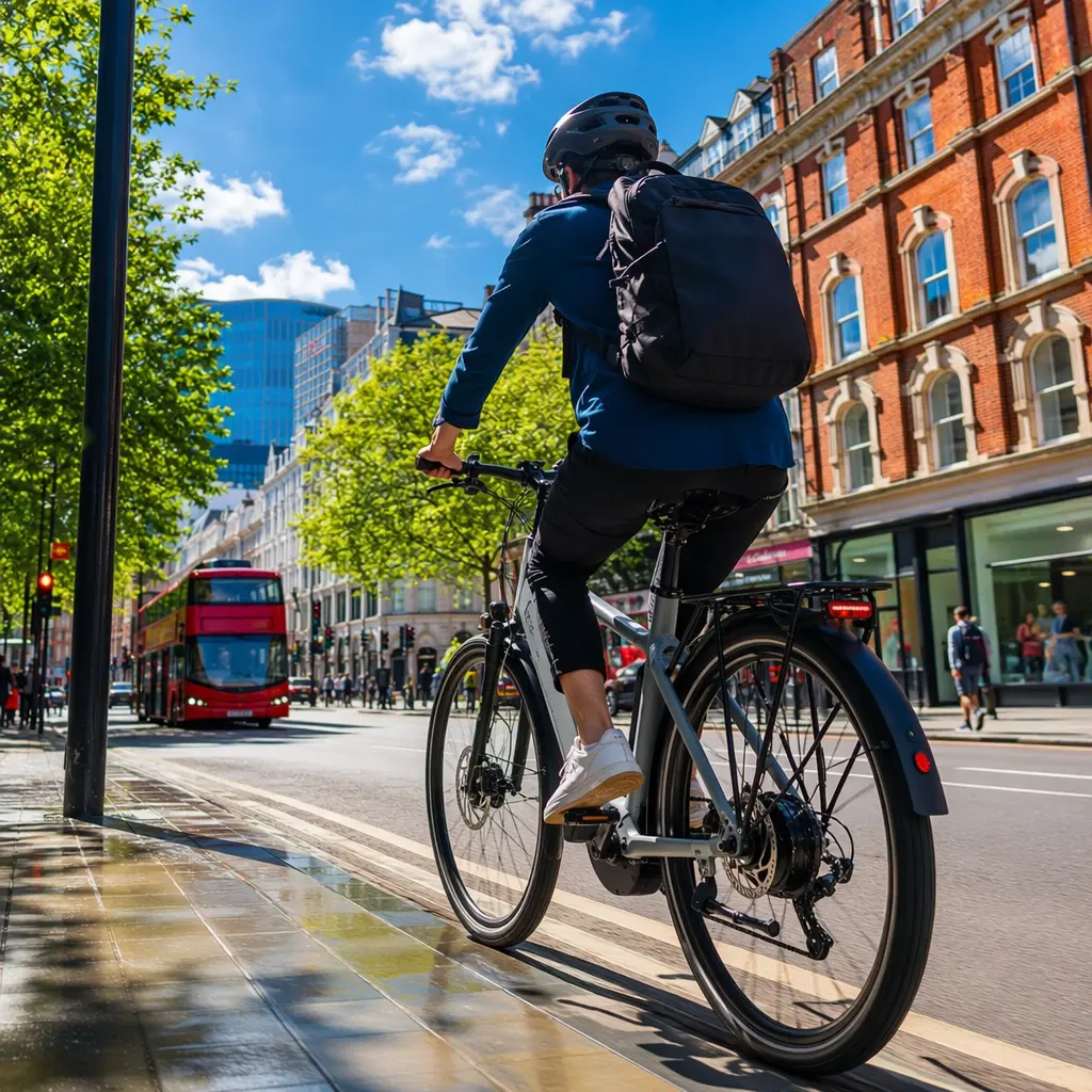 Electric bike commuting through a sunny city street
