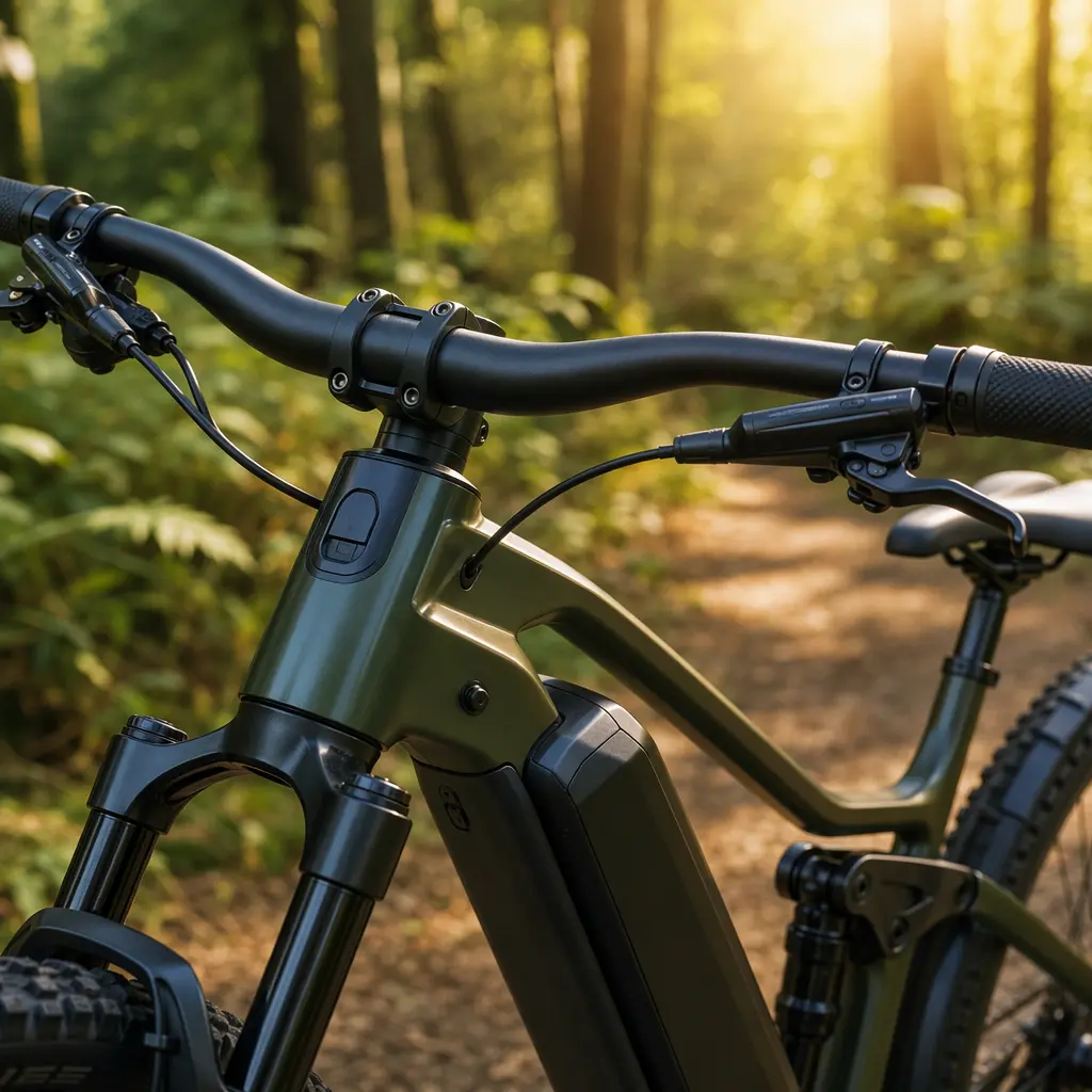 Close-up of electric bike handlebars and battery in morning woodland light