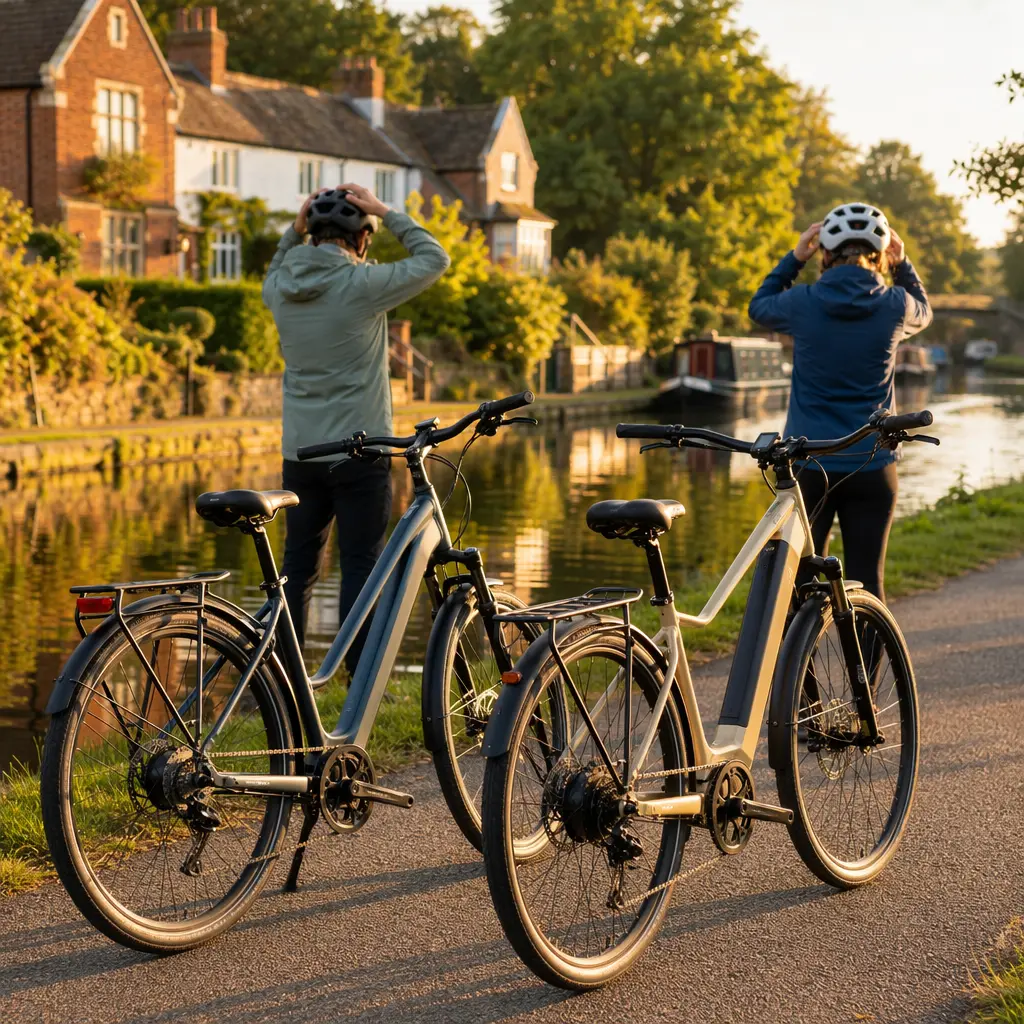 Two electric bikes beside a sunny canal towpath during golden hour