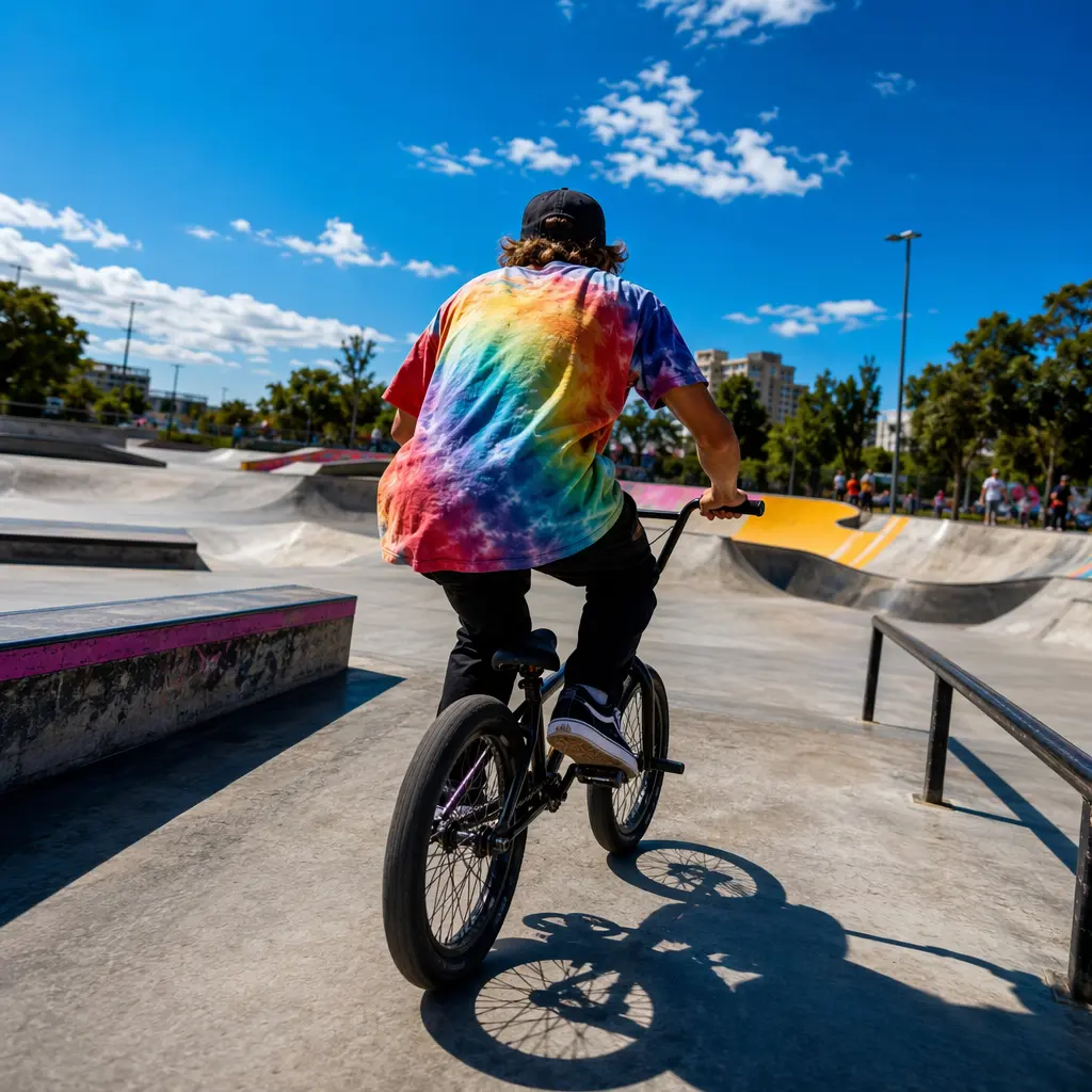 BMX rider silhouette at a sunny skatepark with bright blue sky.