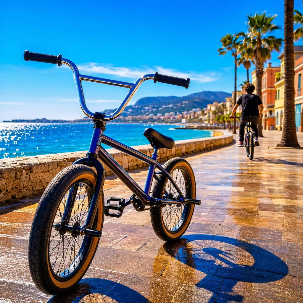 BMX bike near a sunny coastal promenade with bright daylight reflections.